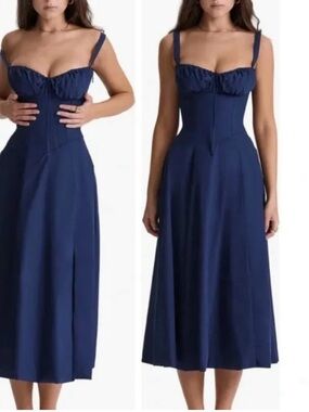 House of CB Navy Blue Midi Dress with Sweetheart Bust